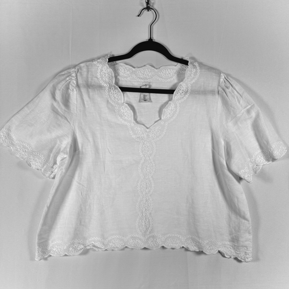Joie White Ruffled Peasant Linen Blend Crop Blouse